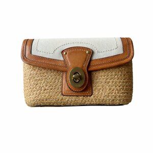 Coach Straw Summertime Clutch Wristlet Woven Straw Leather Trim Gold Turn Lock